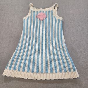 Crochet Knit Dress Blue White Striped Seashell Applique Kids Summer